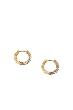Cable Edge Huggie Hoop Earrings, Recycled 18K Yellow Gold & Diamond